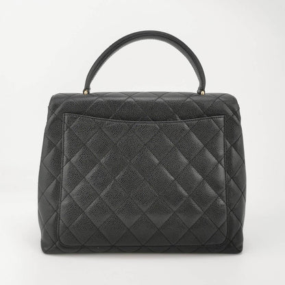 Chanel Vintage Top Handle Kelly Flap Bag Black Quilted Caviar Leather