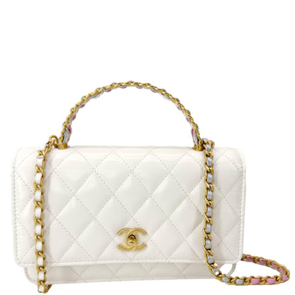 CHANEL Top Handle Multicolor Quilted Leather Crossbody Wallet On Chain White