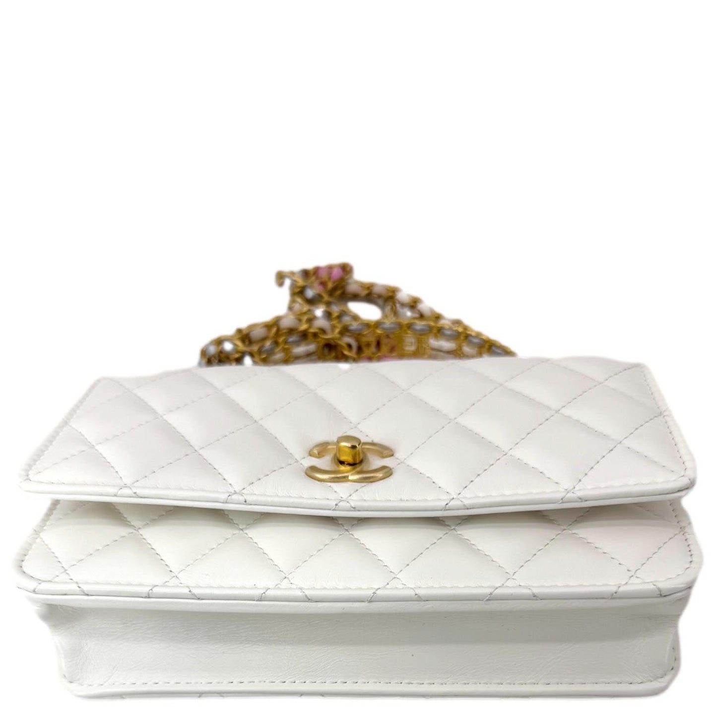 CHANEL Top Handle Multicolor Quilted Leather Crossbody Wallet On Chain White