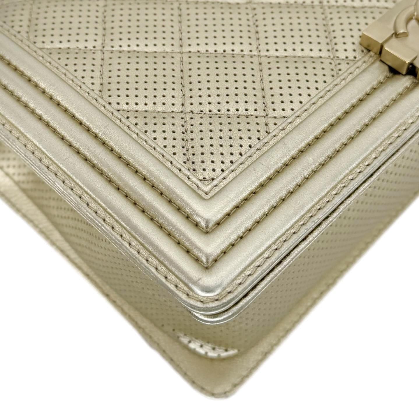 CHANEL Boy Flap Medium Perforated Lambskin Leather Shoulder Bag Light Gold
