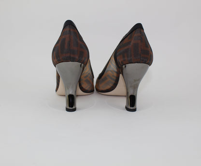 FENDI MESH AND BLACK LEATHER PUMPS