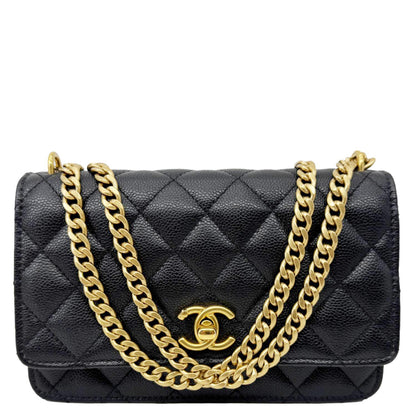 CHANEL Sweet Heart Flap Quilted Leather Wallet On Chain Crossbody Bag Black