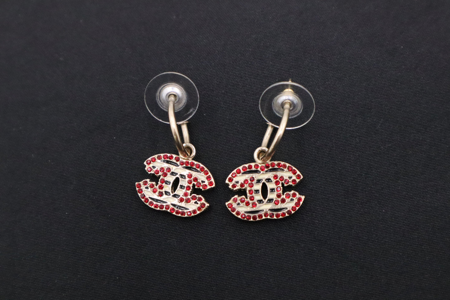 Chanel Striped Earrings with Red Stones