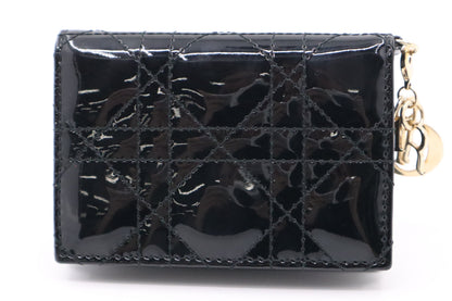 Dior Lady Dior Compact Wallet in Black Patent Cannage Leather