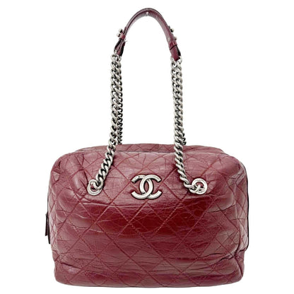 CHANEL Secret Large Aged Calfskin Quilted Leather Tote Bowling Bag Burgundy