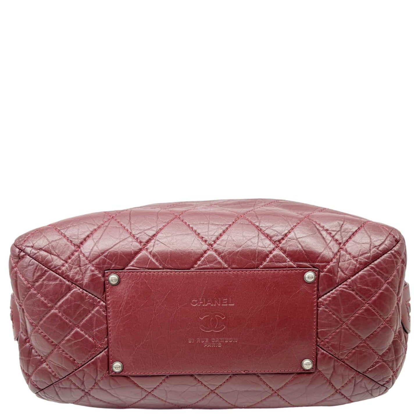 CHANEL Secret Large Aged Calfskin Quilted Leather Tote Bowling Bag Burgundy