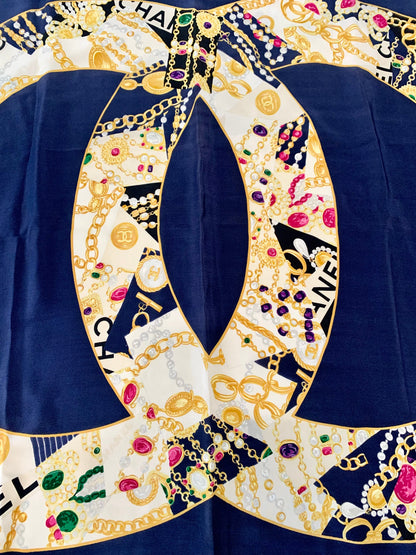 CHANEL CC VINTAGE NAVY SILK SCARF