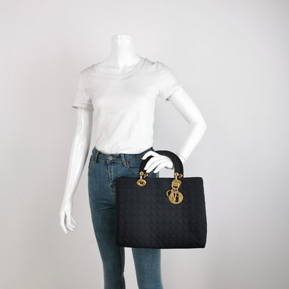 Lady Dior Vintage Large Black Cloth with Yellow Gold-tone Hardware
