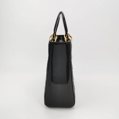 Lady Dior Large Black Patent Leather Handbag with Strap