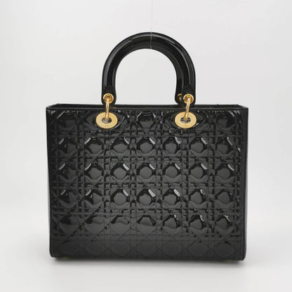 Lady Dior Large Black Patent Leather Handbag with Strap