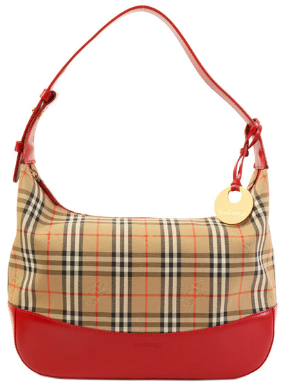 Luxury Burberry Nova Check Pattern Logo Charm Handle Bag Red/Beige