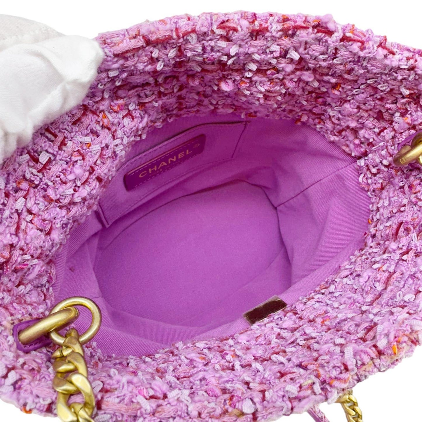 CHANEL Pending CC Tweed Enamel Drawstring Tote Bucket Bag Pink