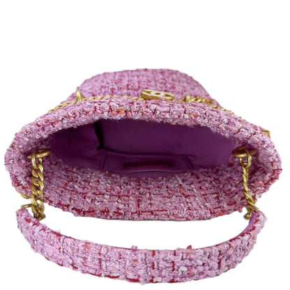 CHANEL Pending CC Tweed Enamel Drawstring Tote Bucket Bag Pink