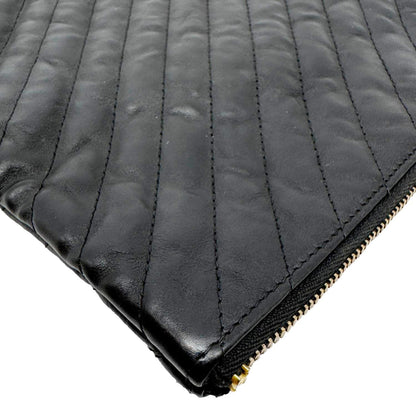 CHANEL O Clutch Chevron Leather Clutch Bag Black