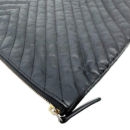 CHANEL O Clutch Chevron Leather Clutch Bag Black