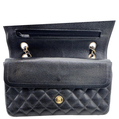 CHANEL Classic Double Flap Quilted Caviar Leather Shoulder Bag Black