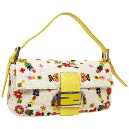 Fendi Baguette glitter white canvas with floral beads