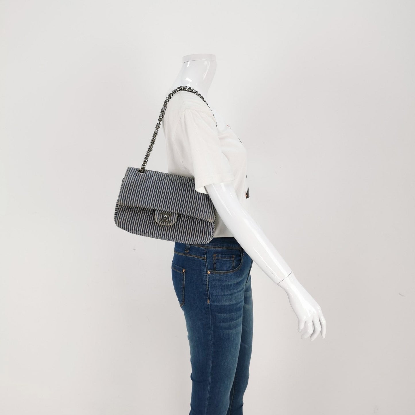 Chanel Classic Flap 2008 Medium Blue Canvas Stripes
