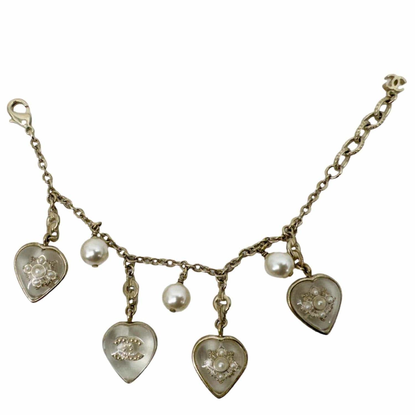 CHANEL Crystal Pearl Heart CC Charm Bracelet Off White