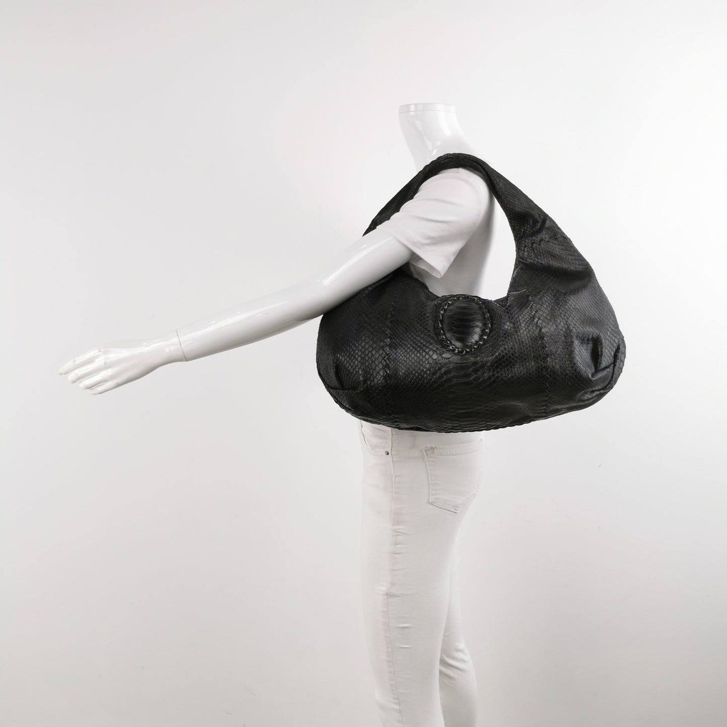 Bottega Veneta Belly Hobo Snake-Skin Leather Black 50cm
