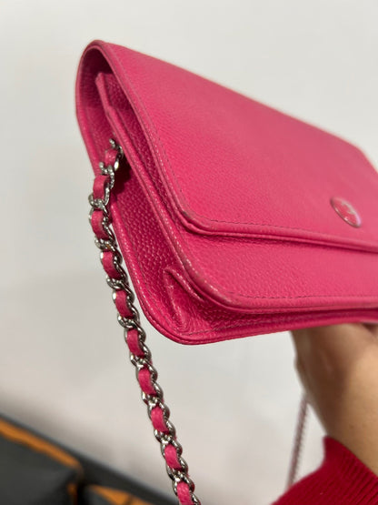 Chanel WOC Wallet on Chain Fuchsia Caviar Leather with Enamel Logo