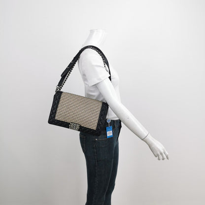 Chanel Le Boy 2014 Large Black Woven Reverso Calfskin Leather Flap Bag