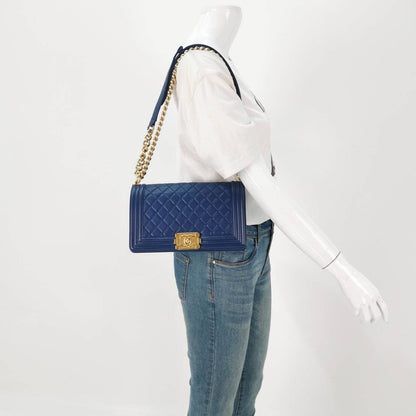 Chanel Le Boy 2016 Medium Blue Lambskin Leather Bag