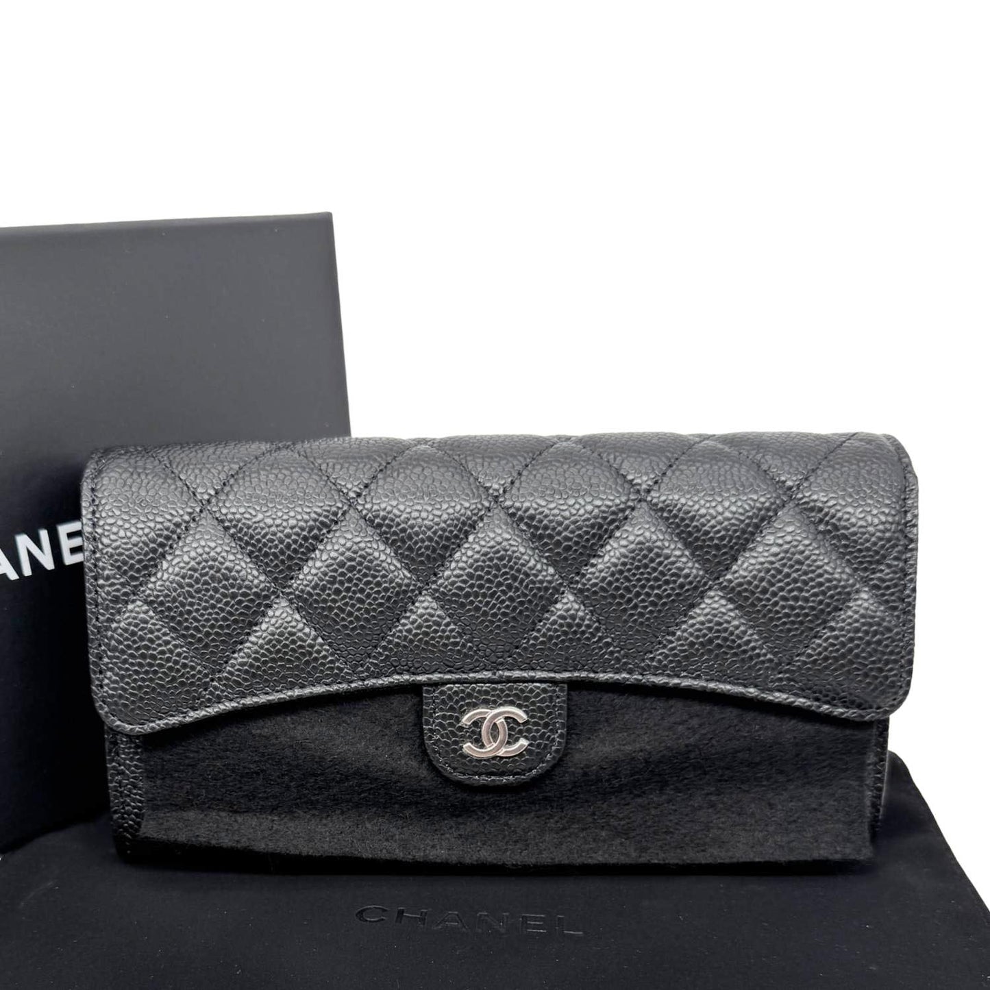 CHANEL Long Flap Caviar Quilted Leather Wallet Black
