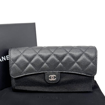 CHANEL Long Flap Caviar Quilted Leather Wallet Black