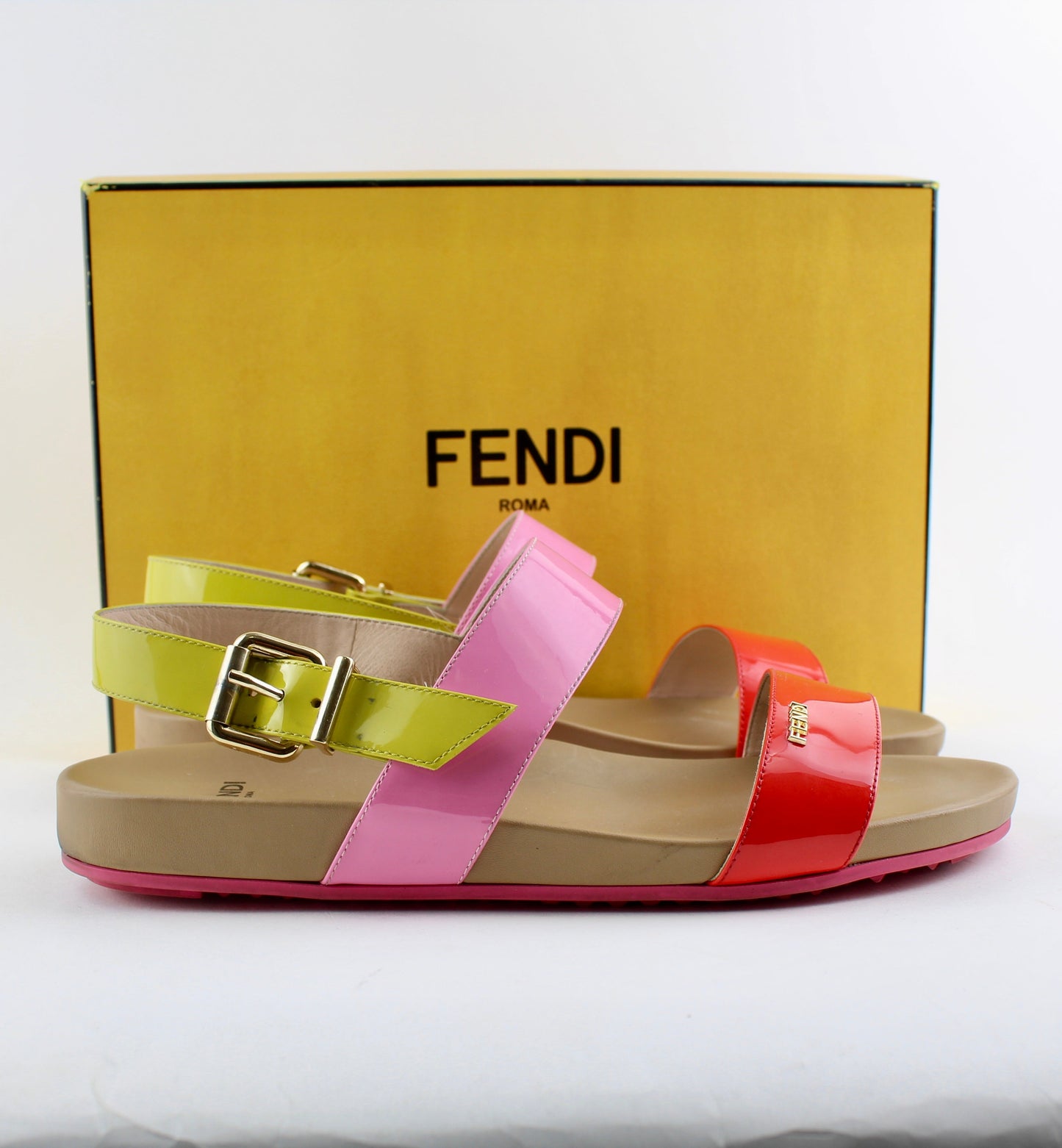 FENDI TRICOLOR DOUBLE-BAND FLAT PATENT SANDAL SIZE 40