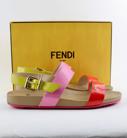 FENDI TRICOLOR DOUBLE-BAND FLAT PATENT SANDAL SIZE 40