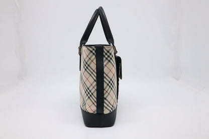 Burberry Handbag in Black Leather & Cream Checked Canvas