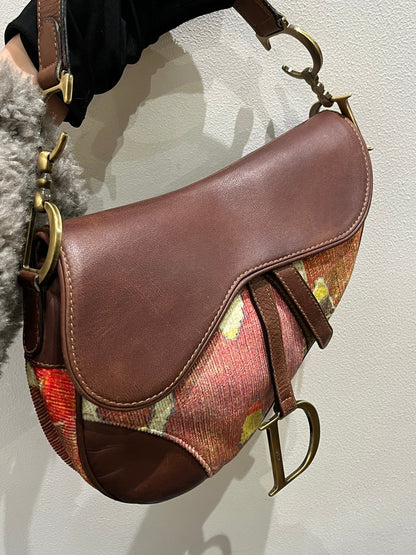 Dior Saddle bag Vintage brown leather and printed velvet RARE