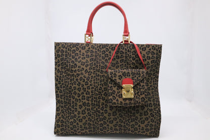 Fendi Shoulder Bag in Leopard Canvas & Red Leather