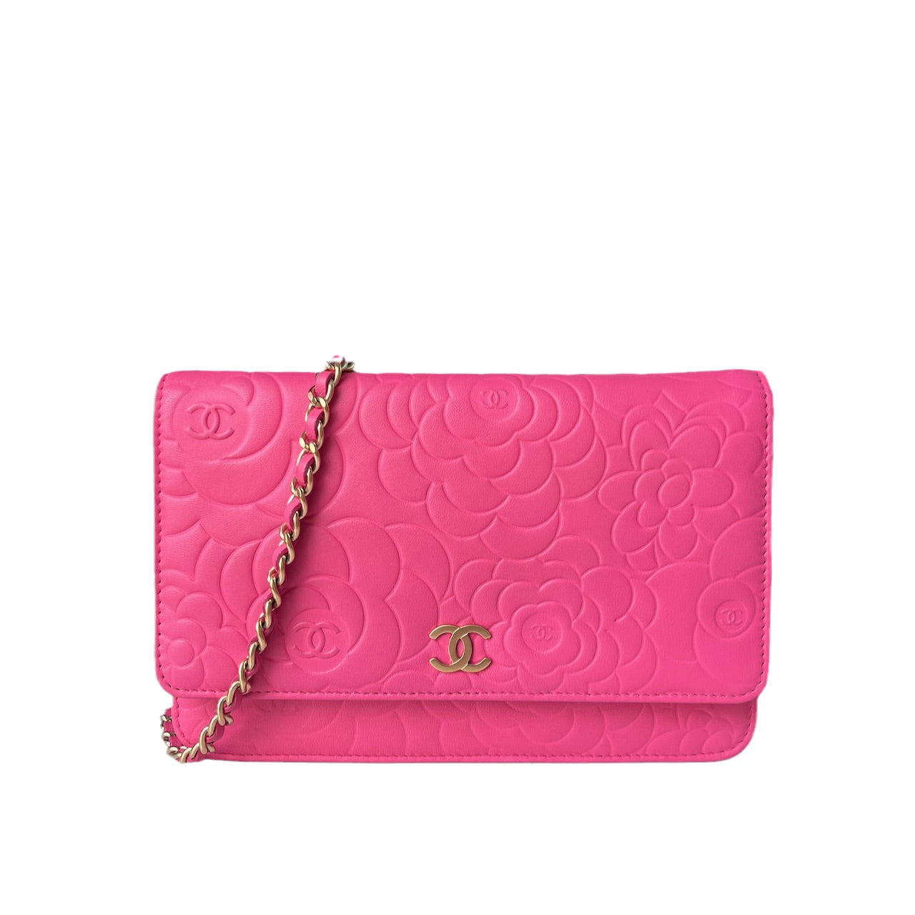 Chanel Wallet On Chains WOC Classic Pink Camelia Flower Embossed