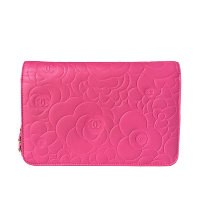 Chanel Wallet On Chains WOC Classic Pink Camelia Flower Embossed
