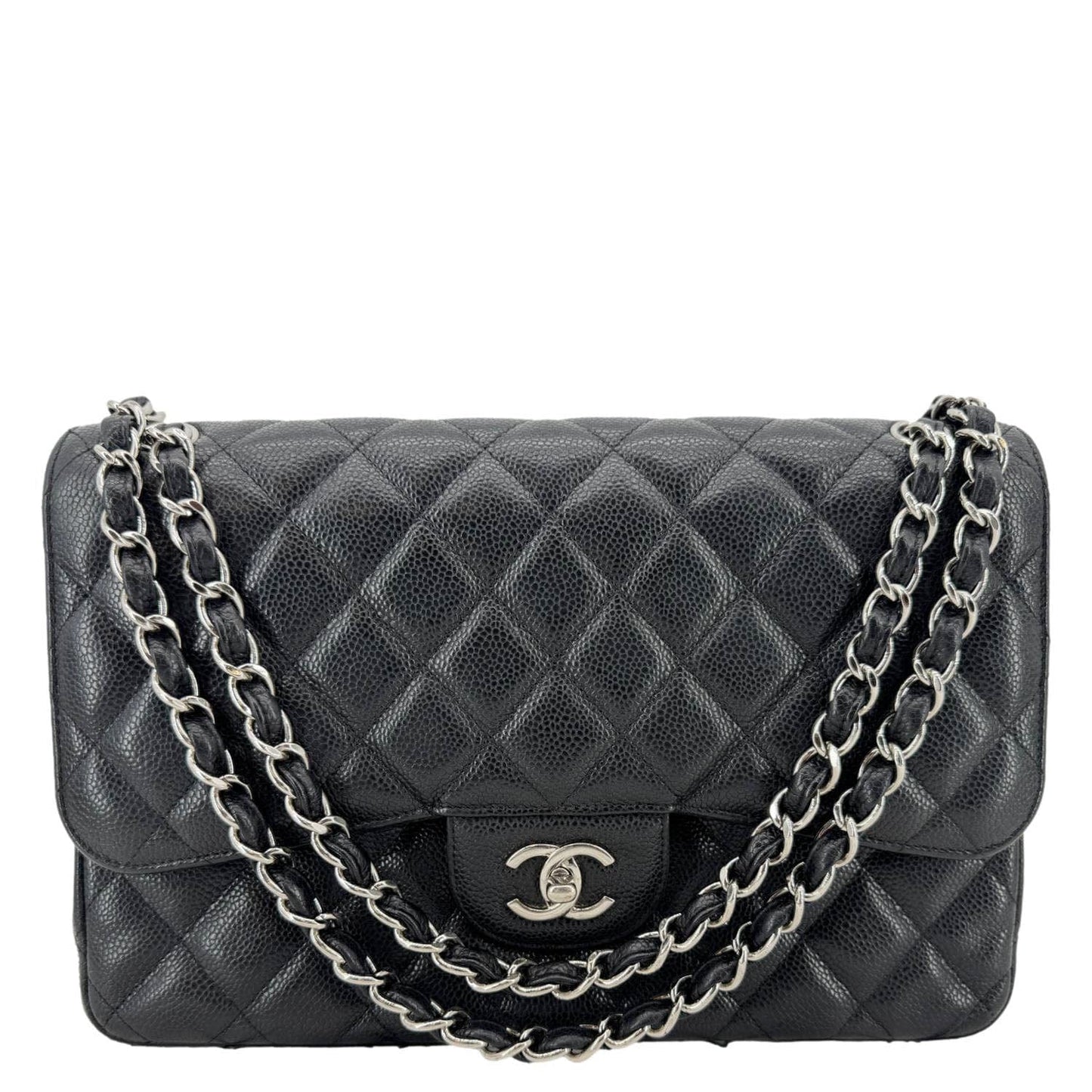 CHANEL Classic Jumbo Double Flap Quilted Caviar Leather Shoulder Bag Black