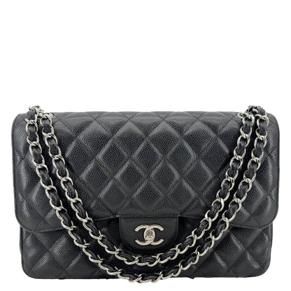 CHANEL Classic Jumbo Double Flap Quilted Caviar Leather Shoulder Bag Black