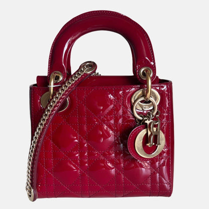 Lady Dior Mini Handbag Burgundy Red Patent Leather Gold-tone Chain Strap