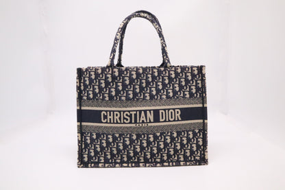 Dior Book Tote Medium in Navy Blue Oblique Embroidery Canvas