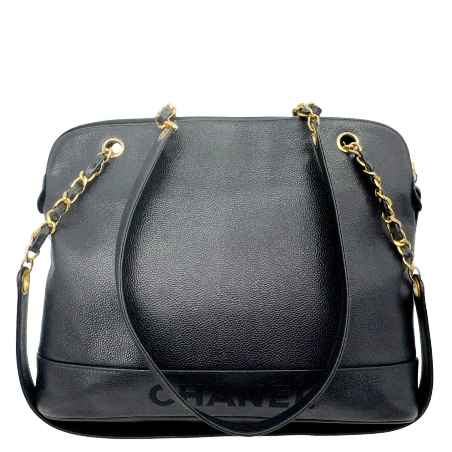 CHANEL Vintage Logo Large Caviar Leather Chain Tote Shoulder Bag Black