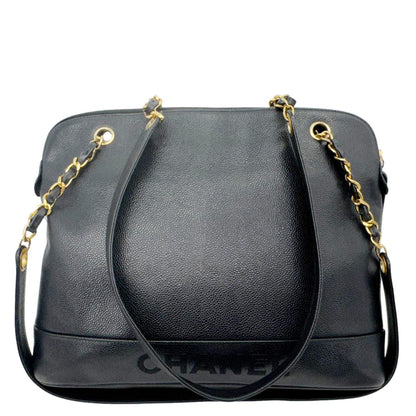 CHANEL Vintage Logo Large Caviar Leather Chain Tote Shoulder Bag Black