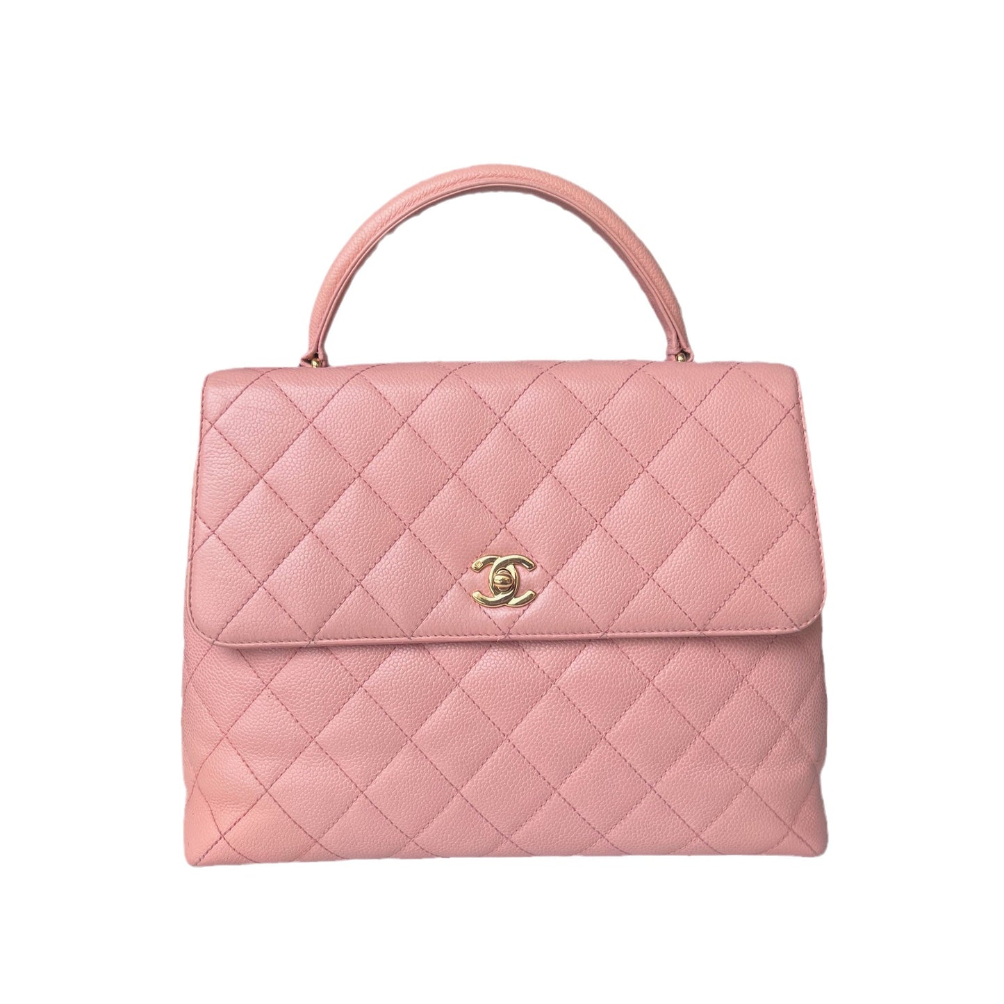 Chanel Vintage Top Handle Kelly Flap Bag Pink Quilted Caviar Leather 24k Gold Plated Hardware