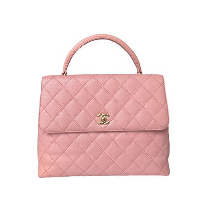 Chanel Vintage Top Handle Kelly Flap Bag Pink Quilted Caviar Leather 24k Gold Plated Hardware