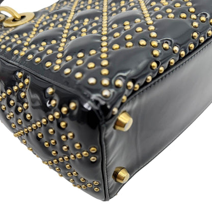 CHRISTIAN DIOR Lady Dior Medium Studded Cannage Patent Leather Crossbody Bag Black