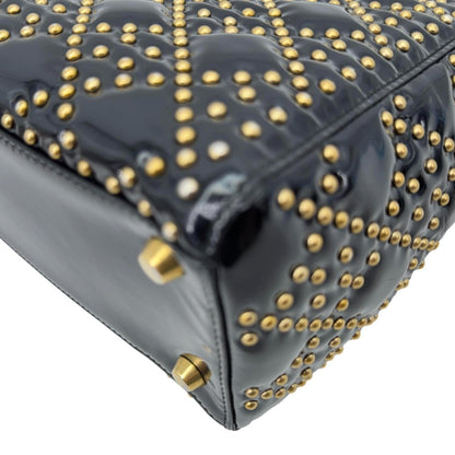 CHRISTIAN DIOR Lady Dior Medium Studded Cannage Patent Leather Crossbody Bag Black
