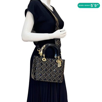 CHRISTIAN DIOR Lady Dior Medium Studded Cannage Patent Leather Crossbody Bag Black