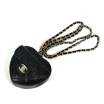 CHANEL Wallet Chain AP2783 Lambskin, Leather black Coin case Necklace COCO Mark CC Neck Strap mini heart shape Women