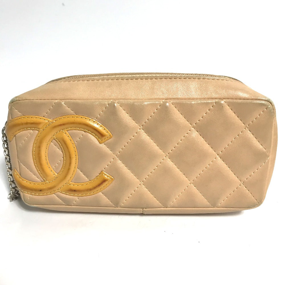 CHANEL Cosmetics Pouch leather beige Cambon line CC COCO Mark Women