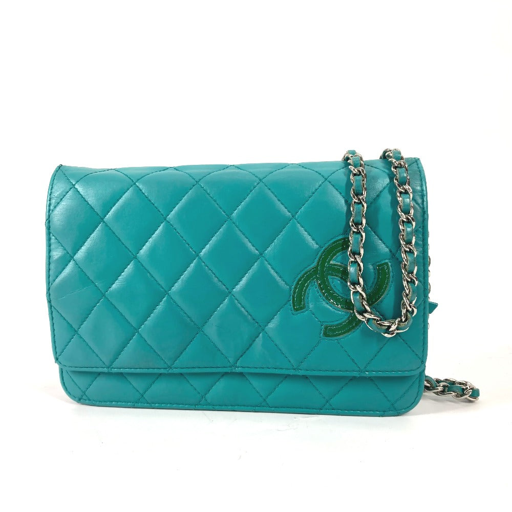 CHANEL Shoulder Bag leather green Crossbody long wallet CC COCO Mark Quilting Matelasse Women